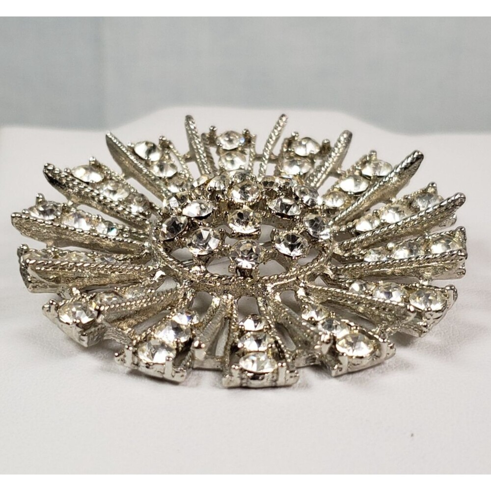 Vintage Large Sunburst Crystal Rhinestone 2.5" Silver Tone Brooch - Picture 12 of 16